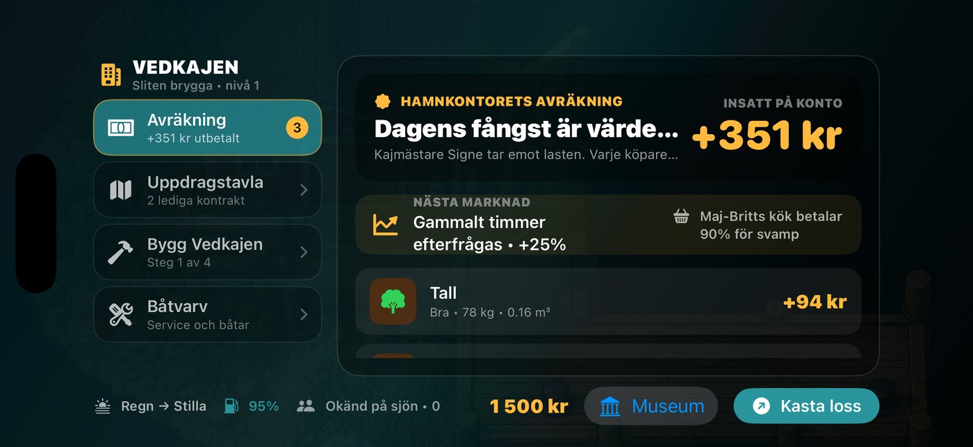 Hamnvyn med lossningskvitto, uppdragstavla, bygge av Vedkajen och båtvarv.