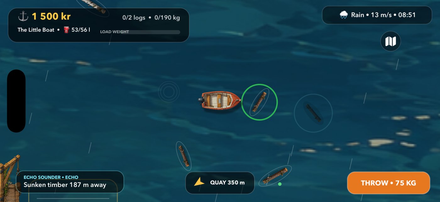 The boat on the open lake with floating logs marked around it and the echo sounder reporting sunken timber nearby.