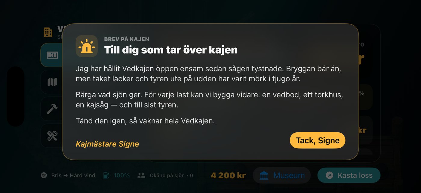 Signes brev på kajen, som berättar att fyren varit mörk i tjugo år.